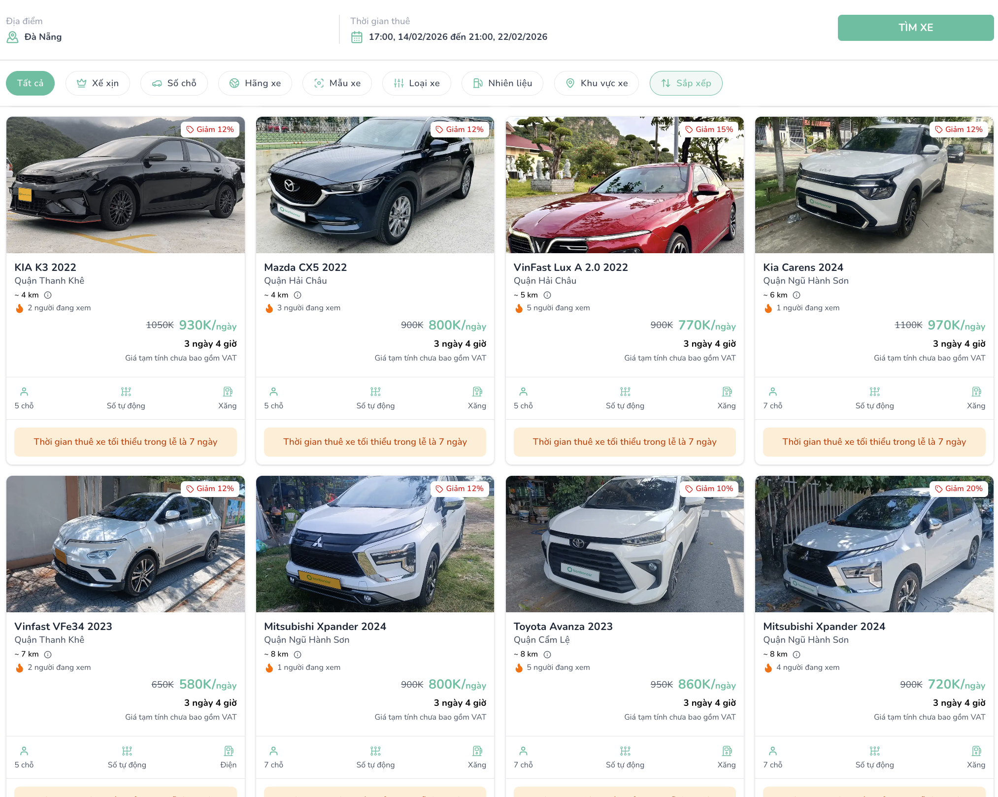 Các loại xe 4 chỗ, 7 chỗ và SUV cho thuê xe tự lái Tết Đà Nẵng 2026.