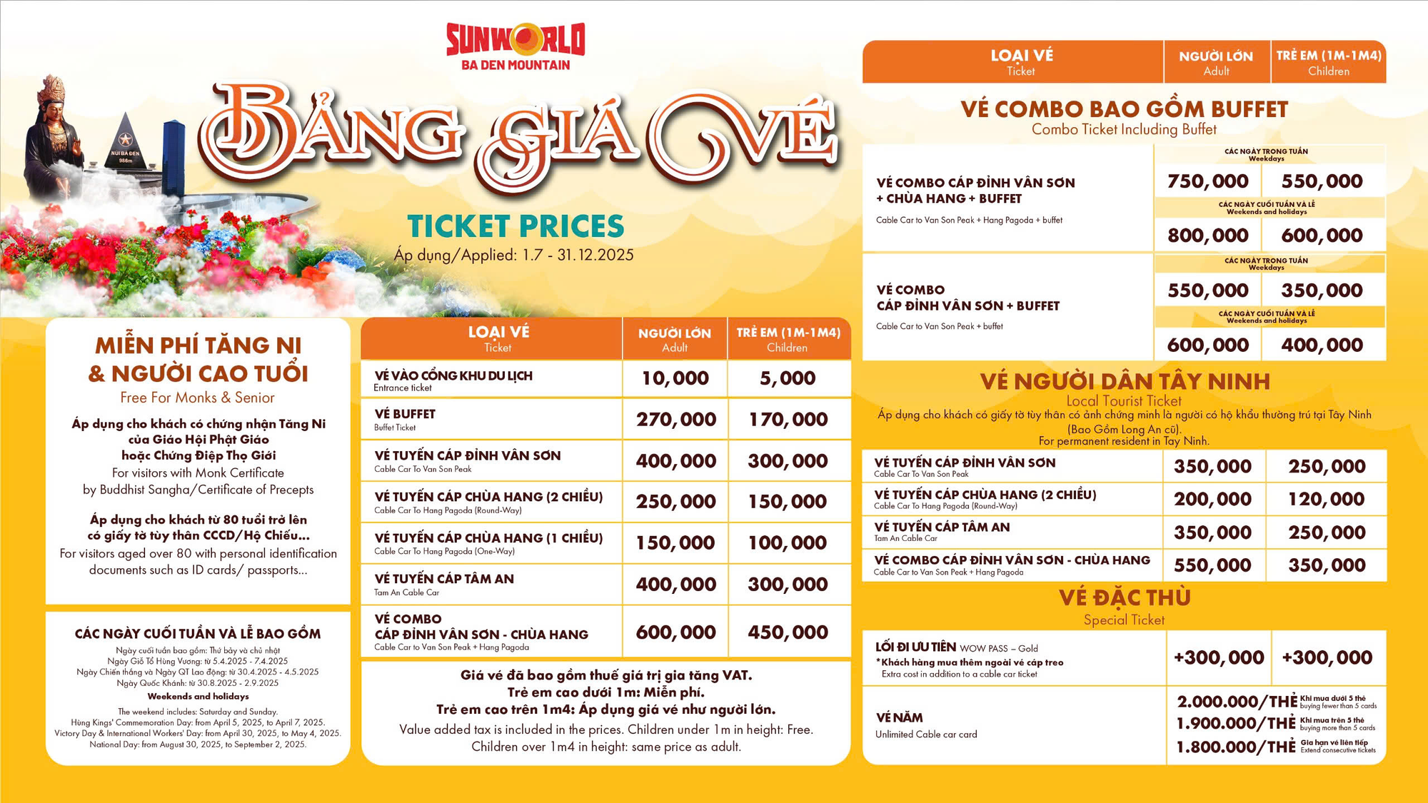 Bảng giá vé cáp treo Núi Bà Đen 2025