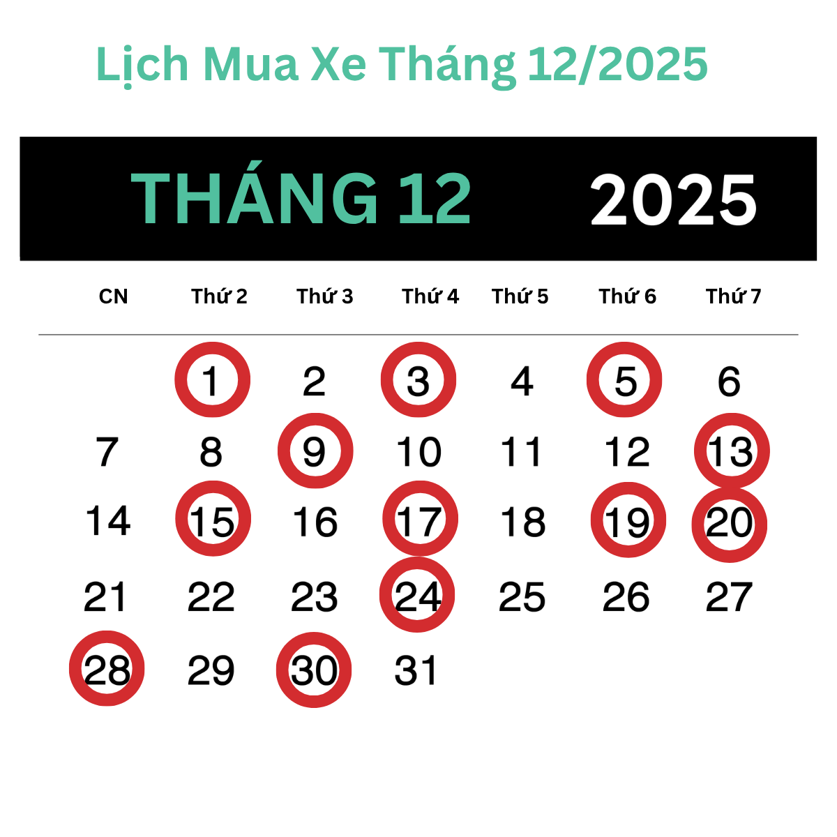 Lịch Mua Xe Tháng 12/2025