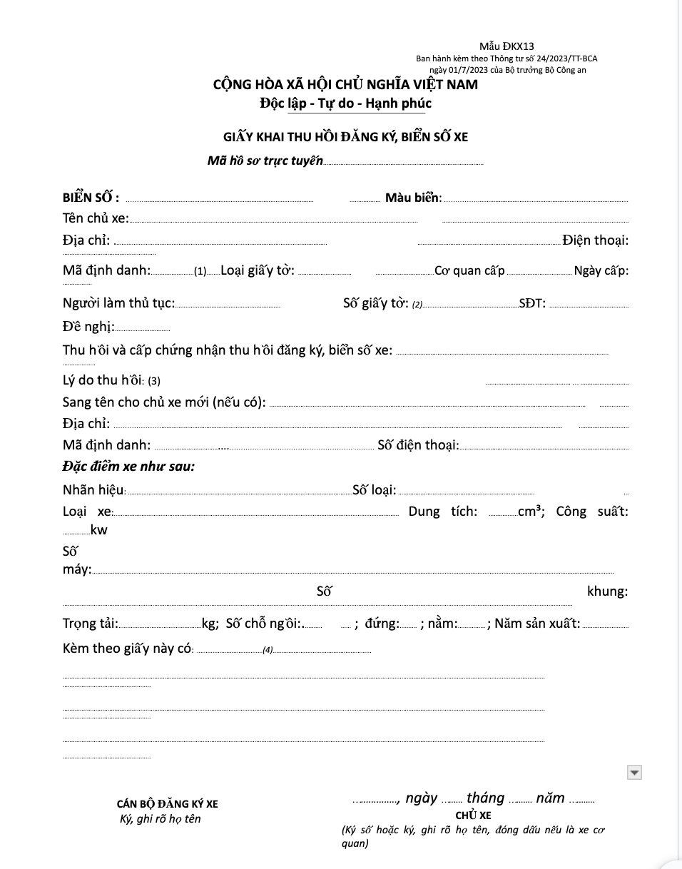 Tờ khai thu hồi đăng ký, biển số xe