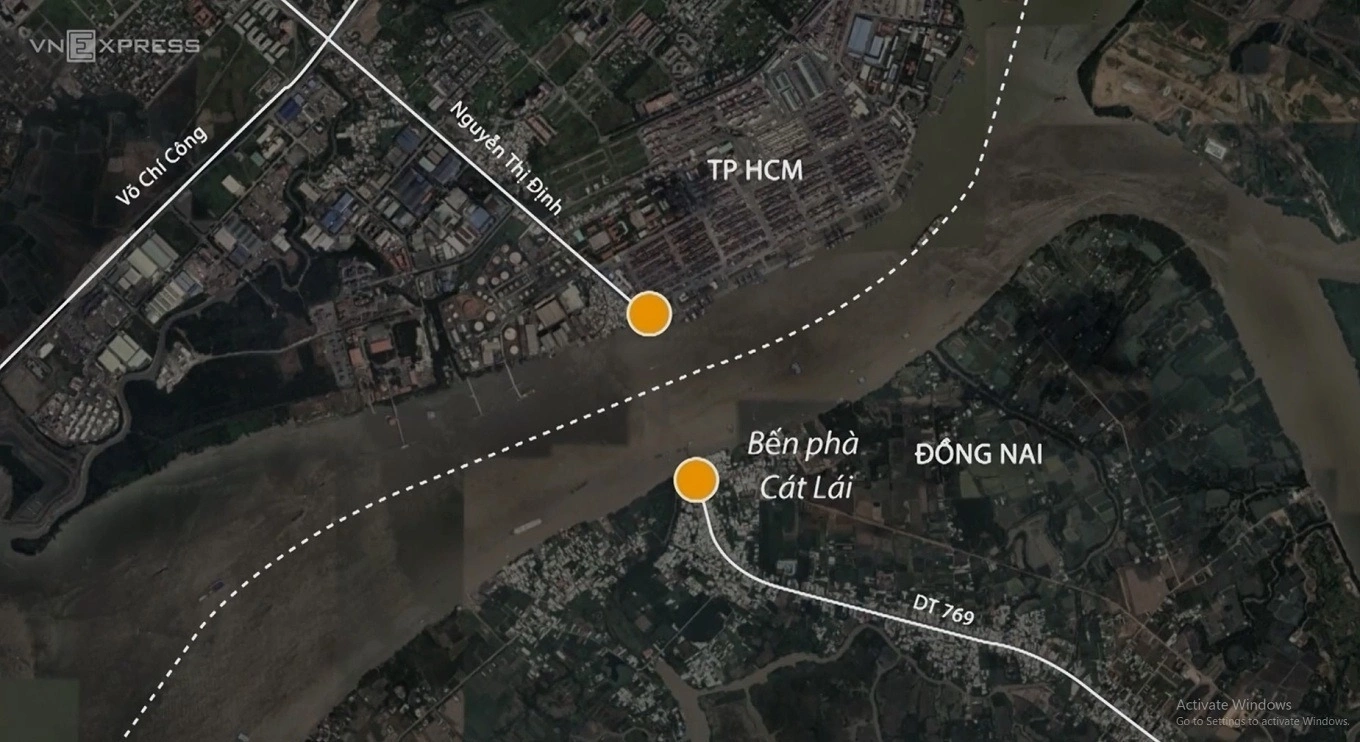 Vị trí xây cầu được đề xuất gần khu vực phà Cát Lái hiện tại.