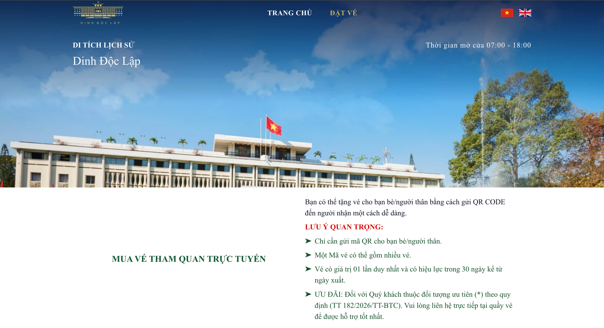 Giao diện trang bán vé online Dinh Độc Lập 