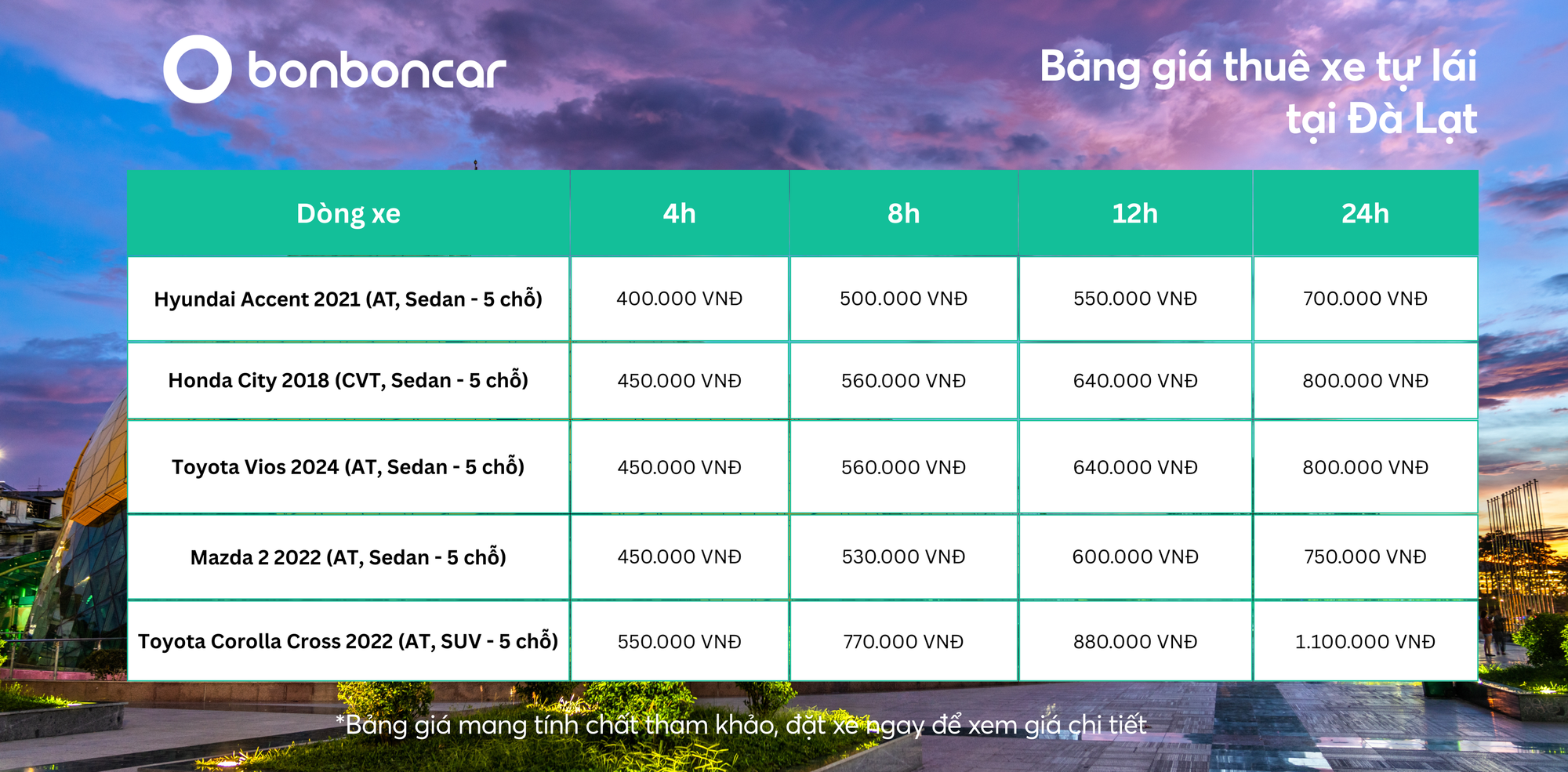 Bảng giá thuê xe tự lái Đà Lạt 2026