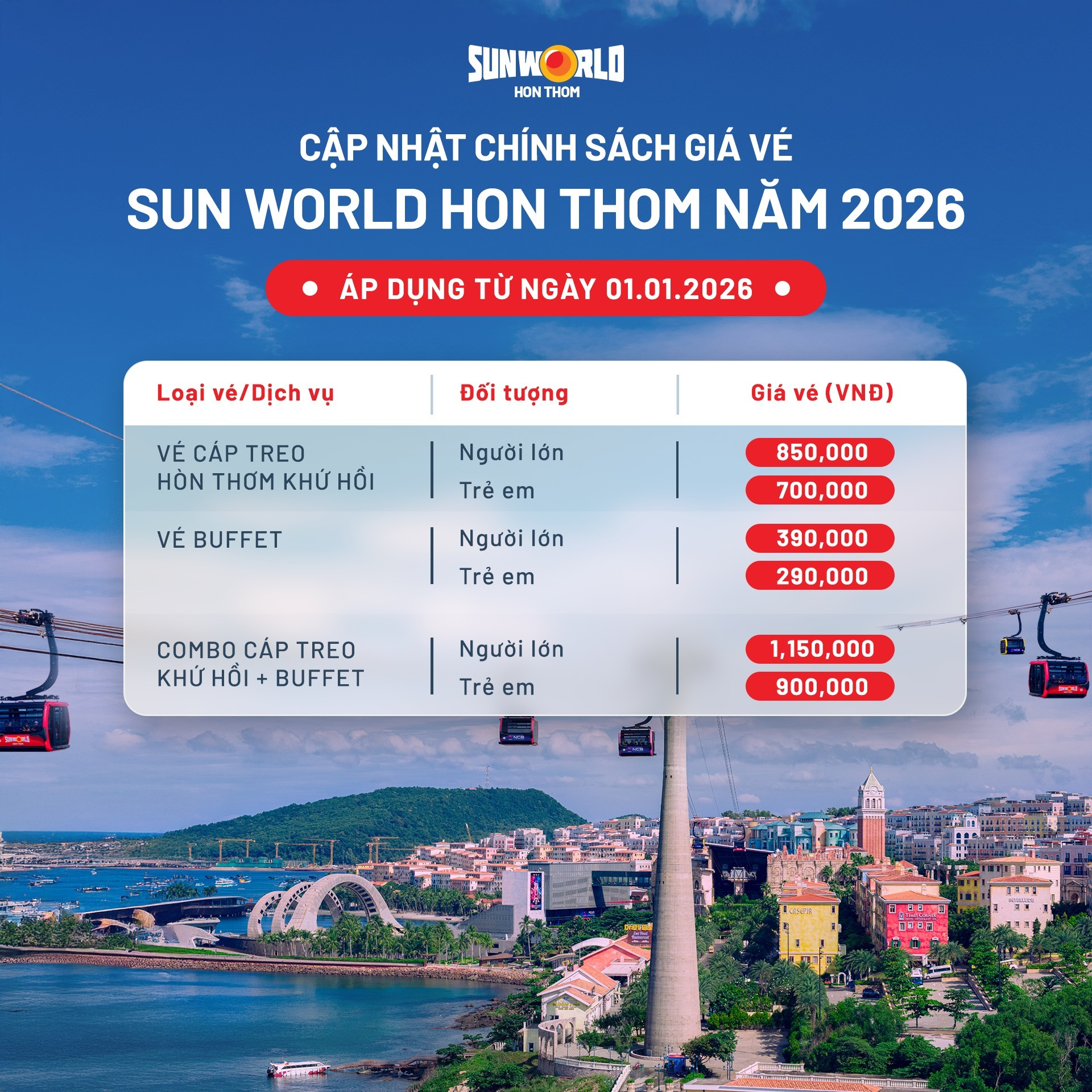 Cập Nhật Bảng Giá Vé Cáp Treo Hòn Thơm Từ Ngáy 01.01.2026