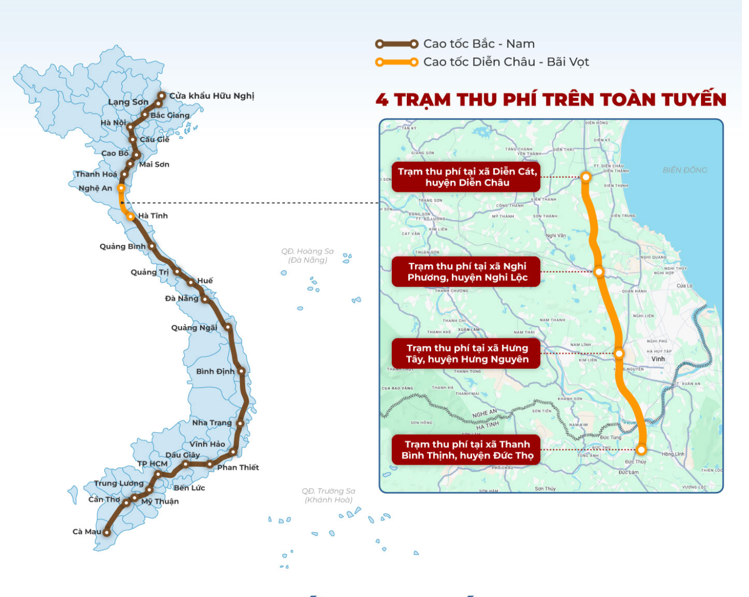 Vị trí các trạm thu phí trên tuyến Diễn Châu - Bãi Vọt